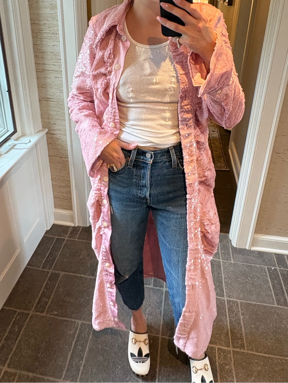 Pink Sequin Duster Coat and Dress